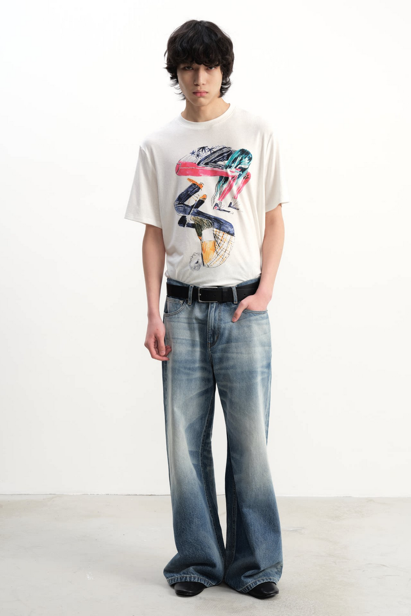 Whiskered Wide Leg Jeans