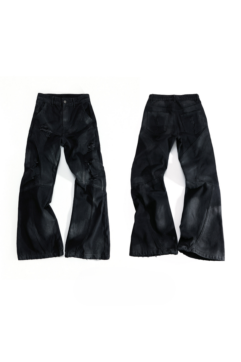 Waxed Distressed Flare Jeans