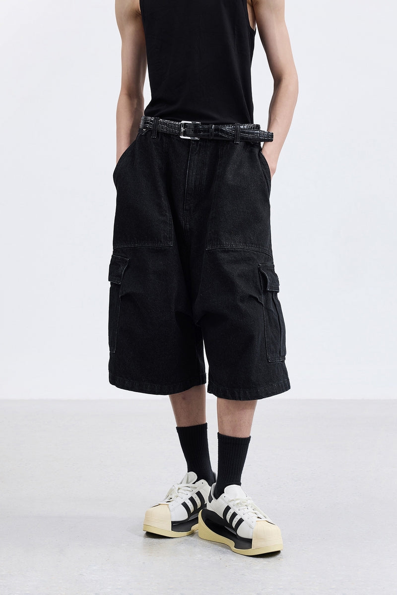 Two-Tone Cargo Denim Shorts