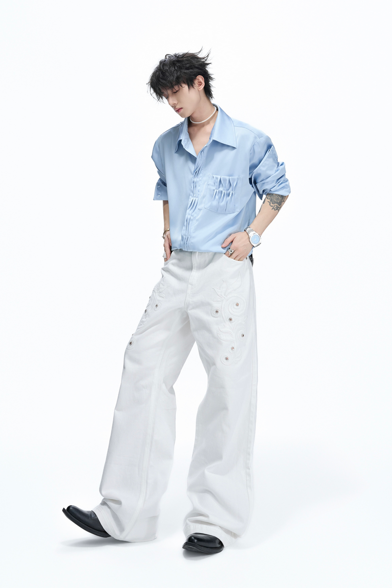 Pleated Satin Long Sleeve Shirt