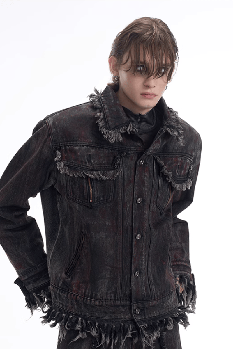 Heavyweight Distressed Frayed Patchwork Denim Jacket