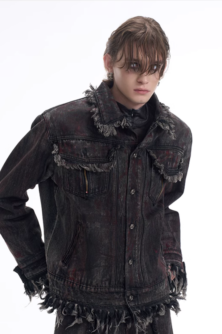 Heavyweight Distressed Frayed Patchwork Denim Jacket