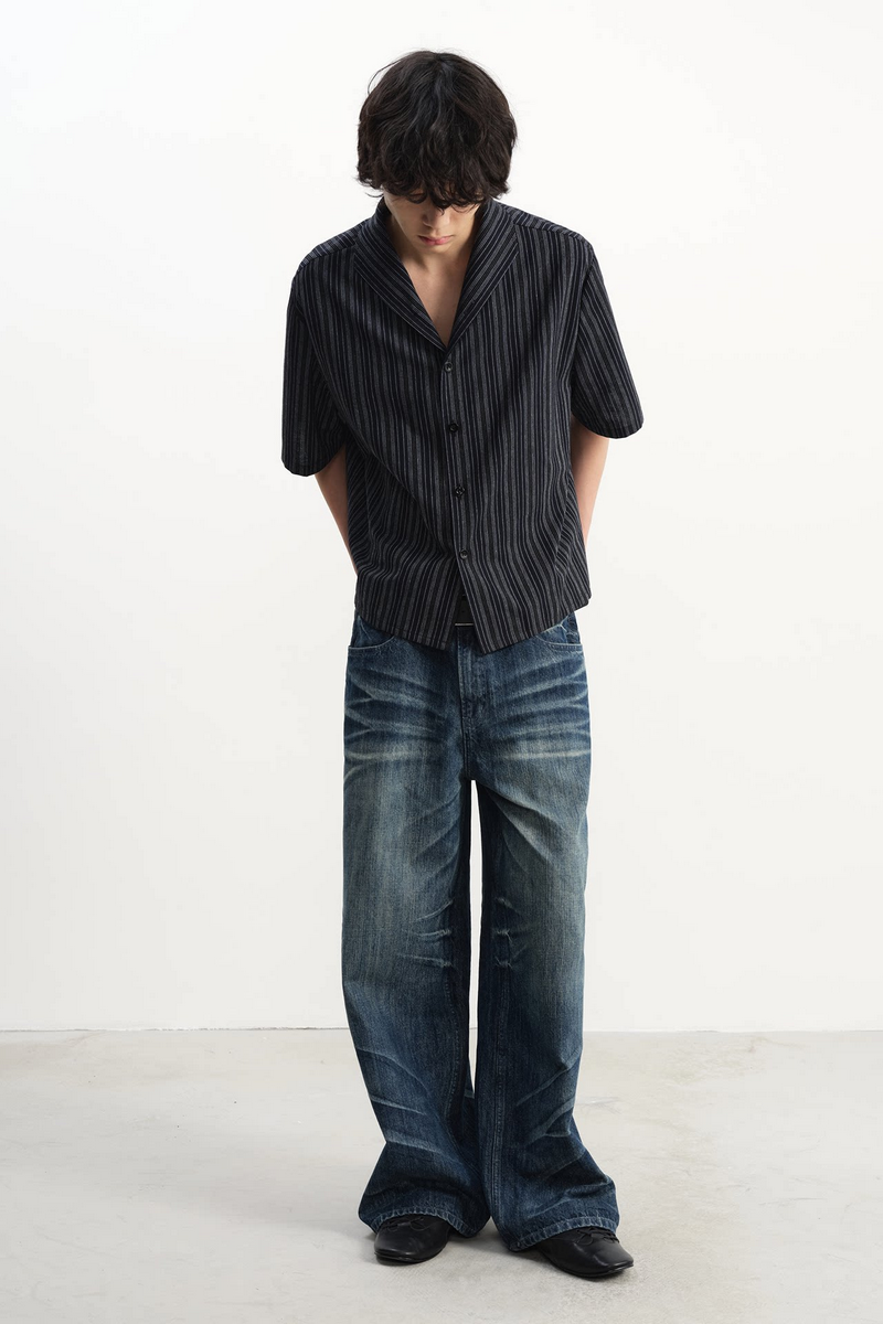 Whiskered Pleated Slub Jeans