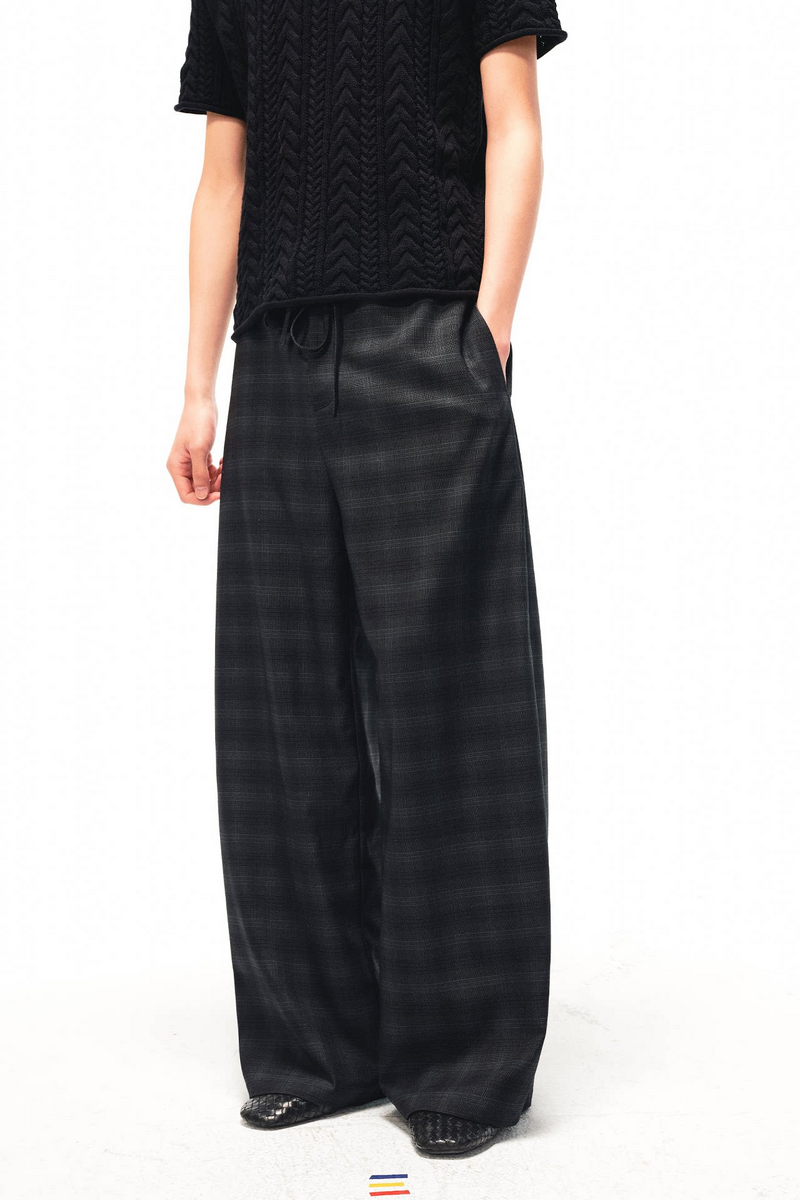 Drawstring Plaid Straight Trousers