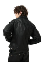 Waxed Studded Denim Jacket — Black, model and product detail view