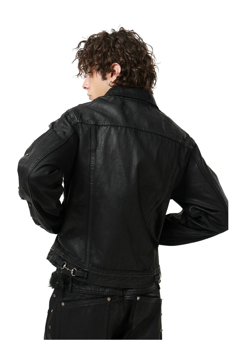 Waxed Studded Denim Jacket — Black, model and product detail view