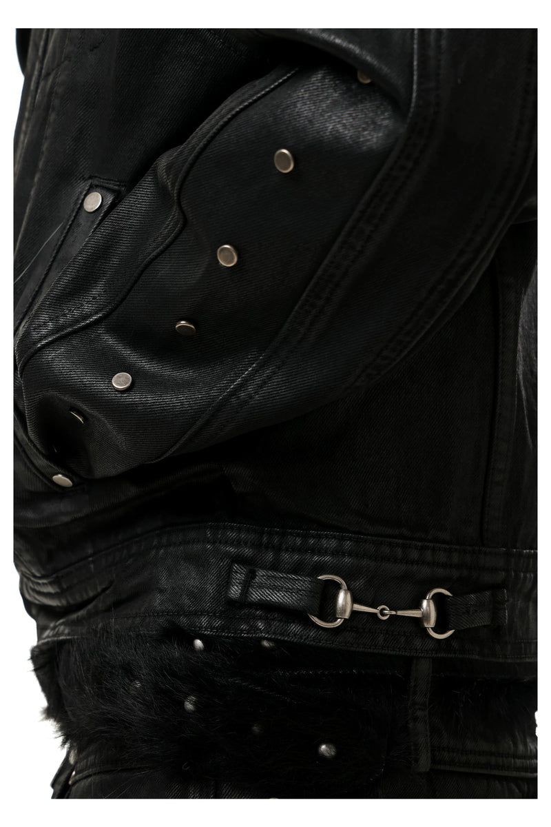 Waxed Studded Denim Jacket — Black, model and product detail view