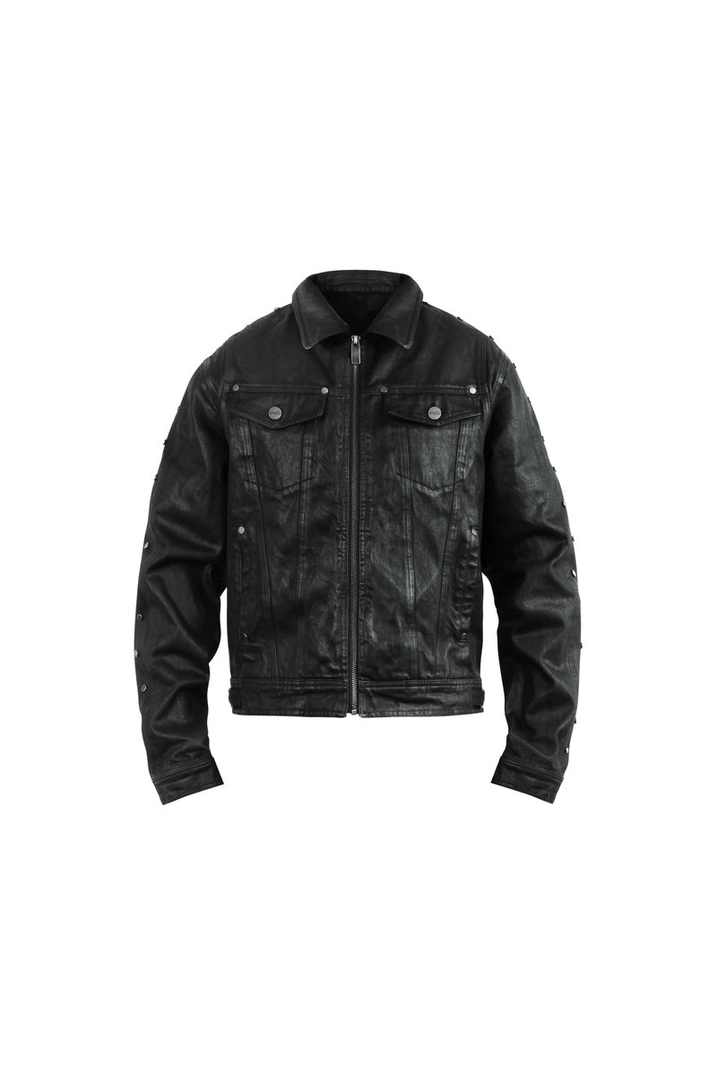 Waxed Studded Denim Jacket — Black, product view on white background