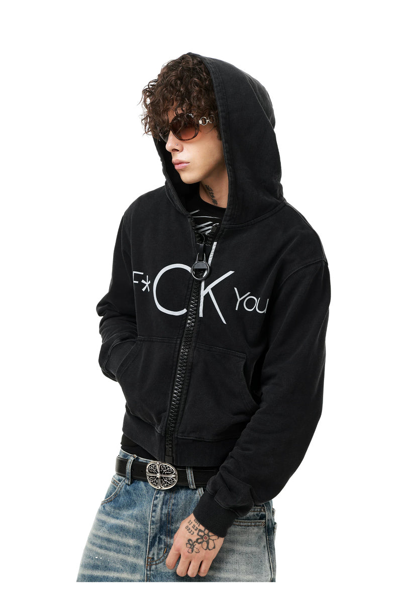 Distressed Letter Graphic Hoodie — Washed Black, model and product detail view