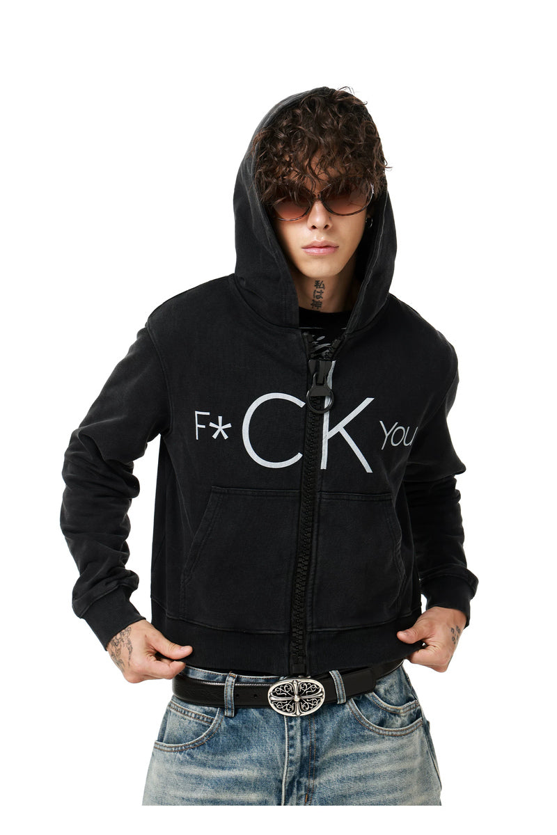 Distressed Letter Graphic Hoodie — Washed Black, model and product detail view