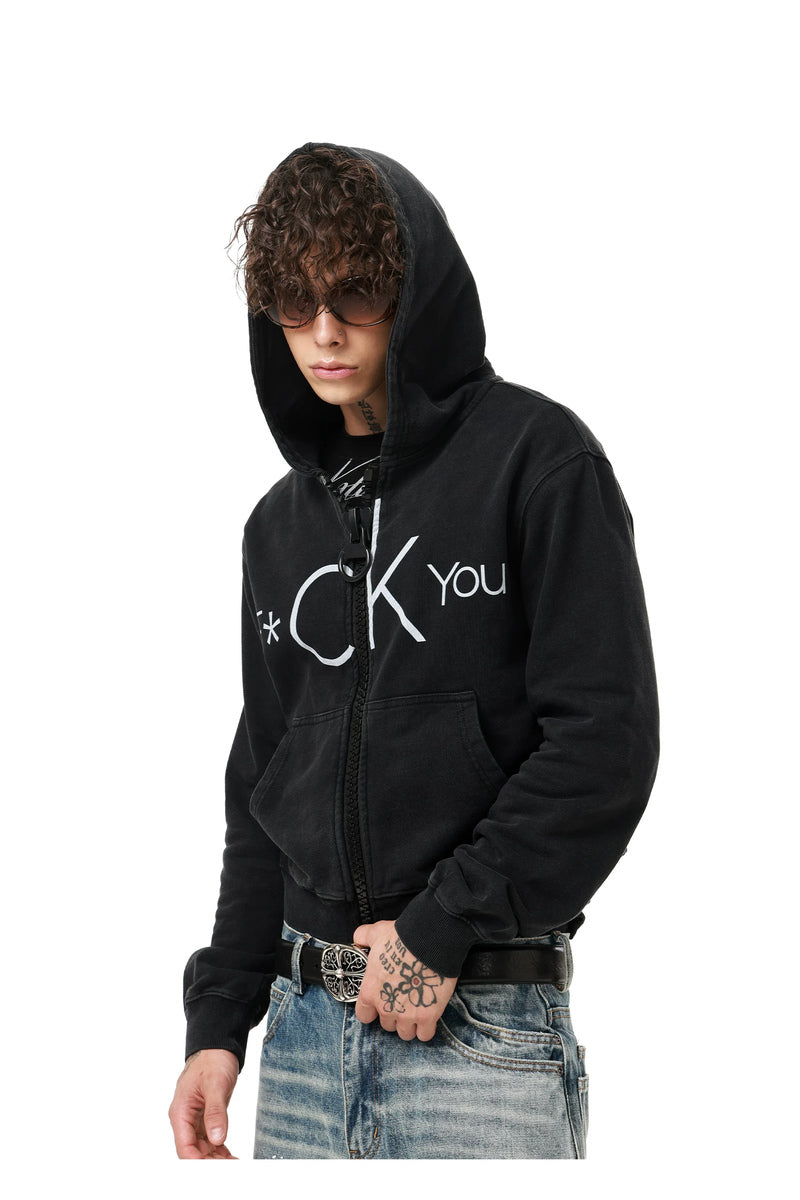 Distressed Letter Graphic Hoodie — Washed Black, model and product detail view