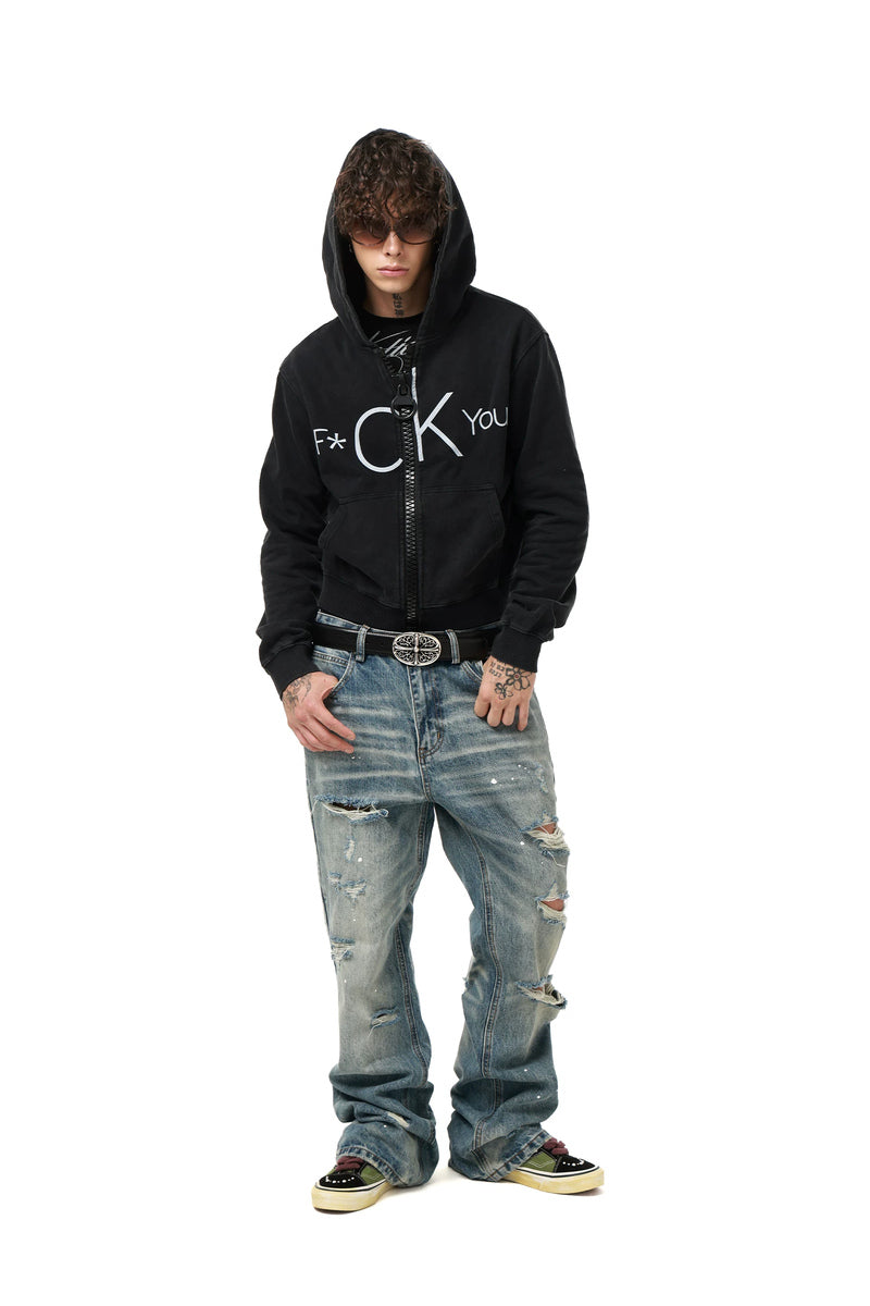 Distressed Letter Graphic Hoodie — Washed Black, model and product detail view