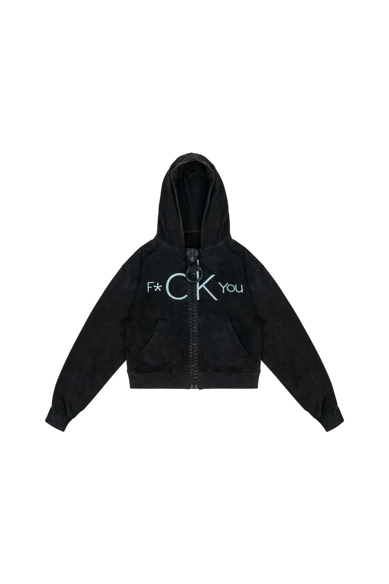 Distressed Letter Graphic Hoodie — Washed Black, product view on white background