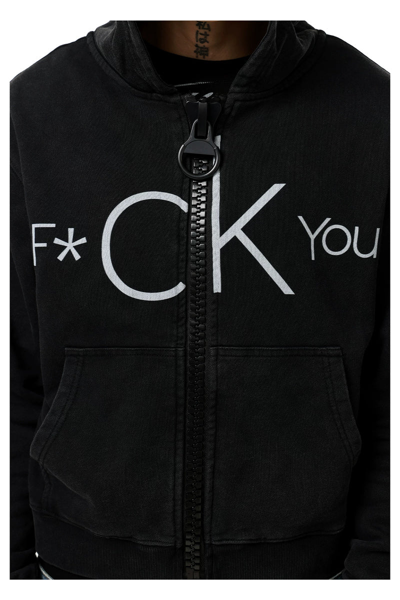 Distressed Letter Graphic Hoodie — Washed Black, model and product detail view
