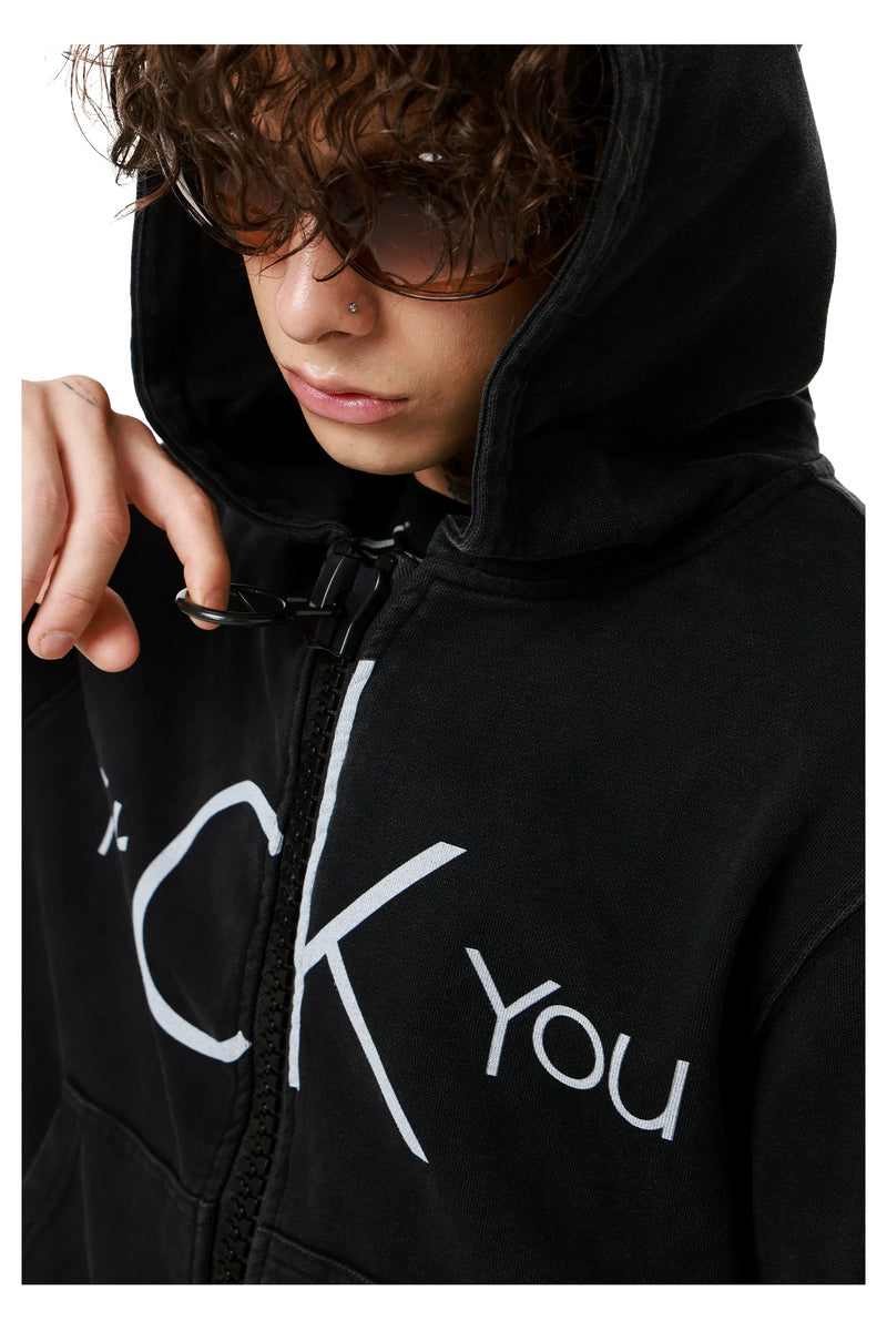 Distressed Letter Graphic Hoodie — Washed Black, model and product detail view