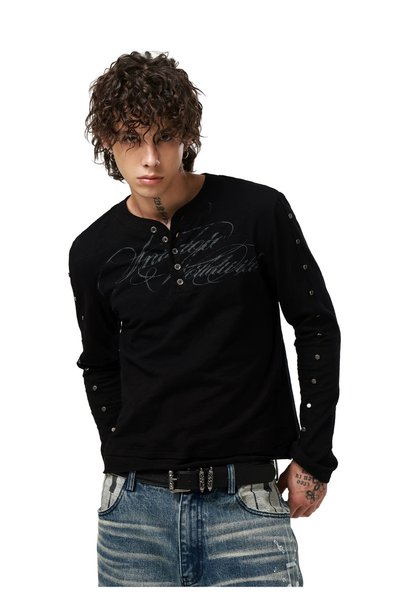 Studded Script Henley Longsleeve — Black, model and product detail view