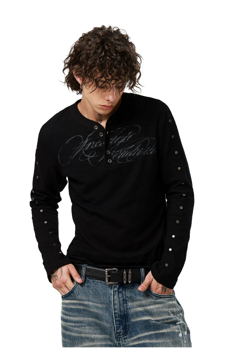 Studded Script Henley Longsleeve — Black, model and product detail view
