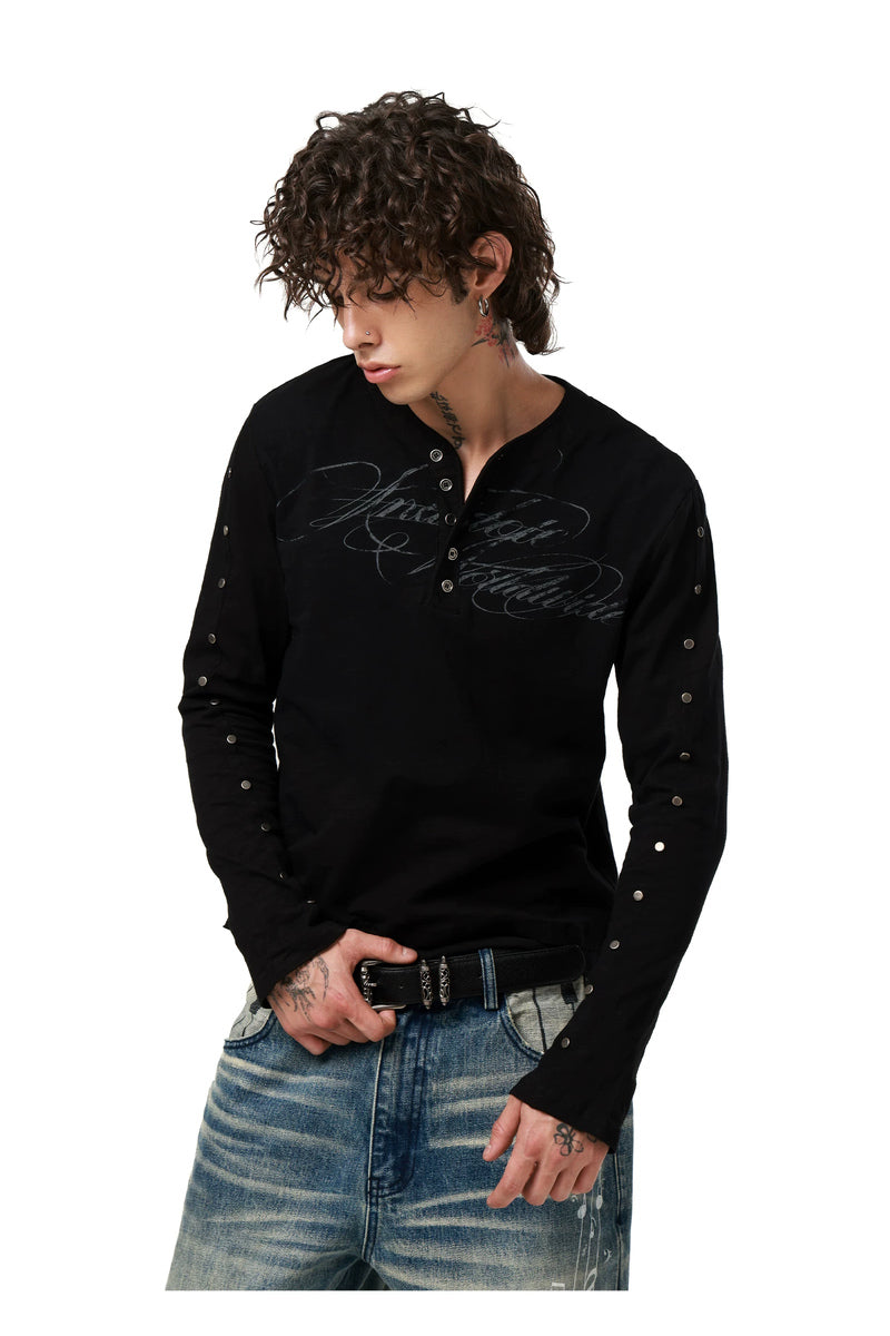 Studded Script Henley Longsleeve — Black, model and product detail view