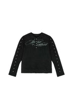 Studded Script Henley Longsleeve — Black, model and product detail view