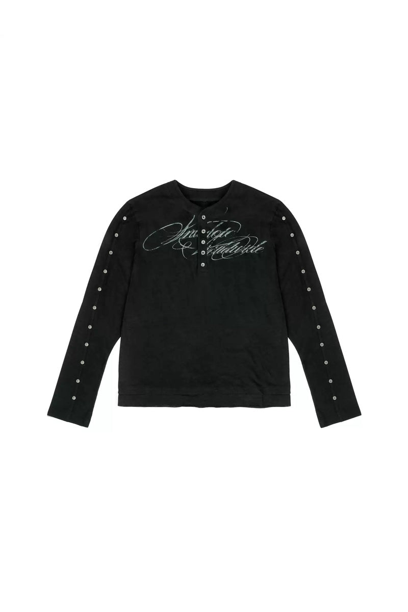 Studded Script Henley Longsleeve — Black, model and product detail view