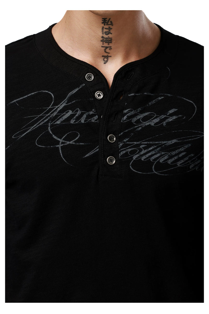 Studded Script Henley Longsleeve — Black, model and product detail view