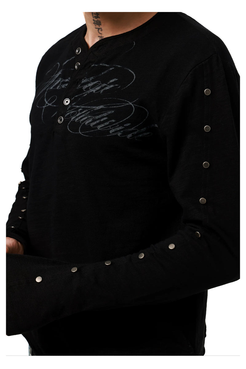 Studded Script Henley Longsleeve — Black, model and product detail view