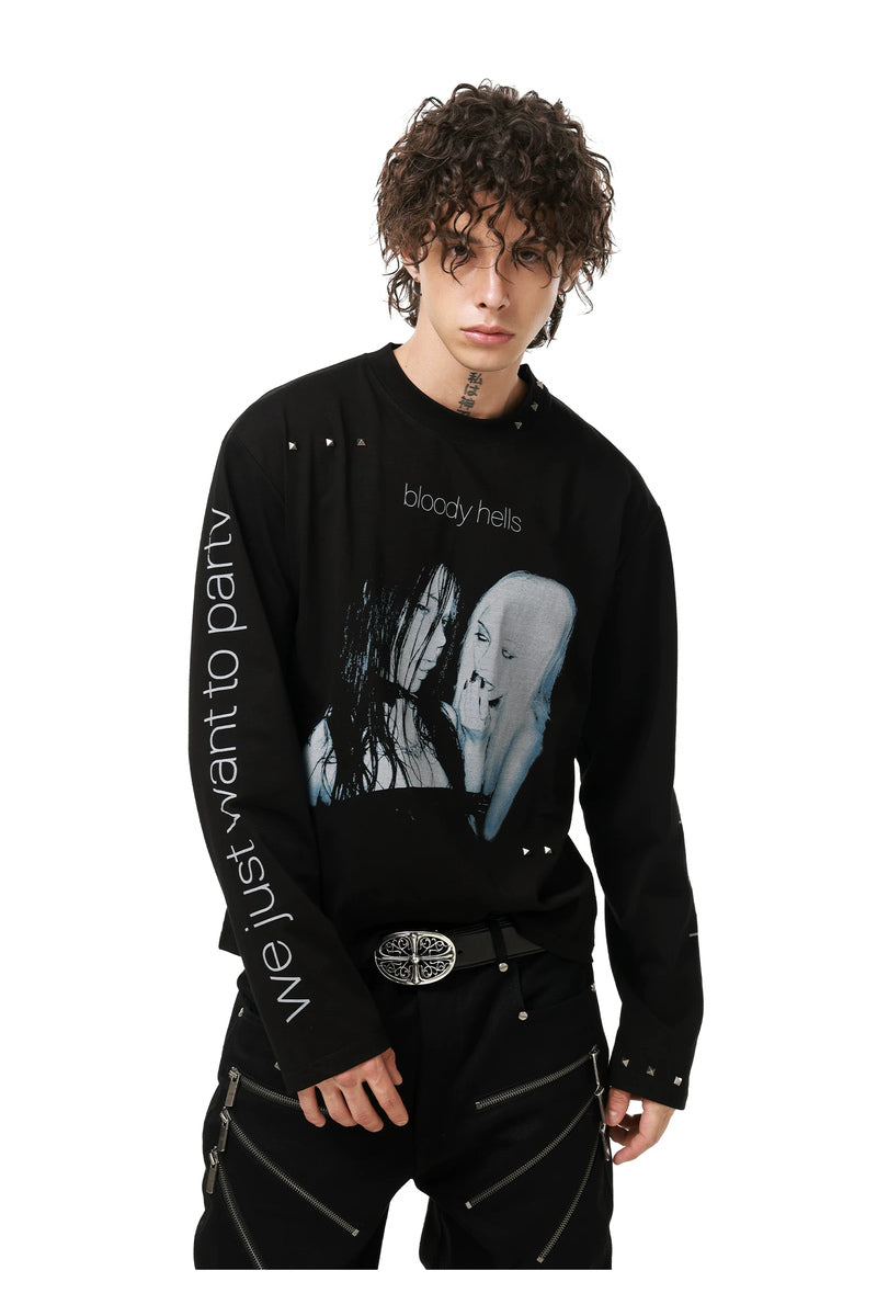 Y2K Portrait Graphic Longsleeve — Black, model and product detail view