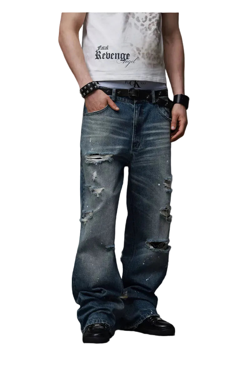 Distressed Embroidered Straight Jeans — Washed Blue, model and product detail view