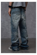 Distressed Embroidered Straight Jeans — Washed Blue, model and product detail view