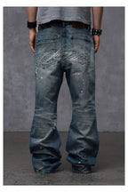 Distressed Embroidered Straight Jeans — Washed Blue, model and product detail view