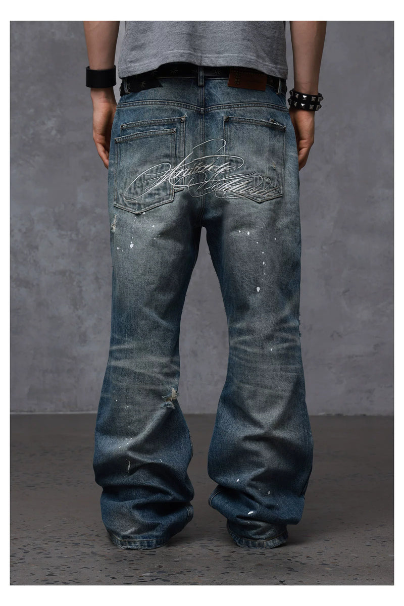 Distressed Embroidered Straight Jeans — Washed Blue, model and product detail view