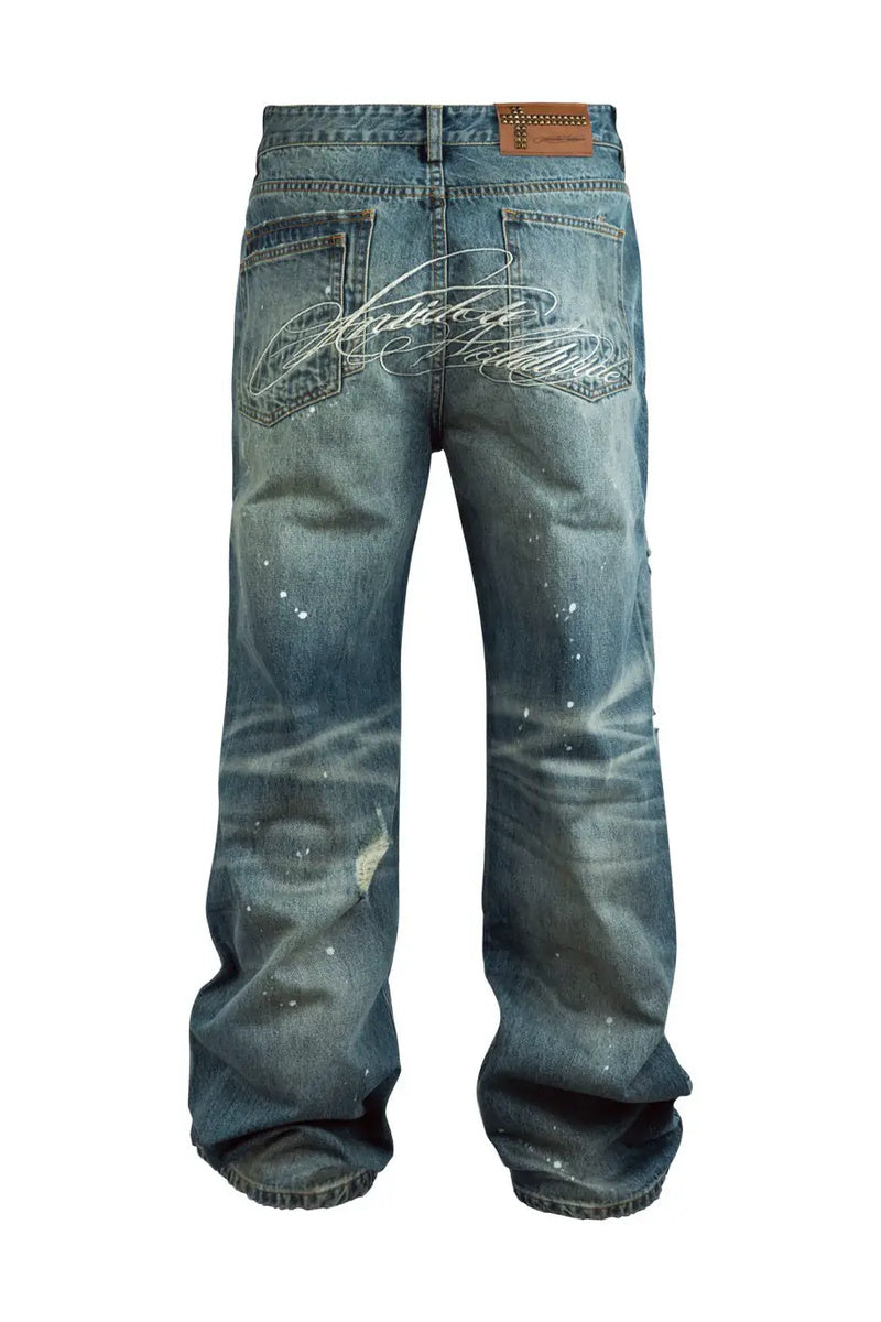 Distressed Embroidered Straight Jeans — Washed Blue, rear view on white background