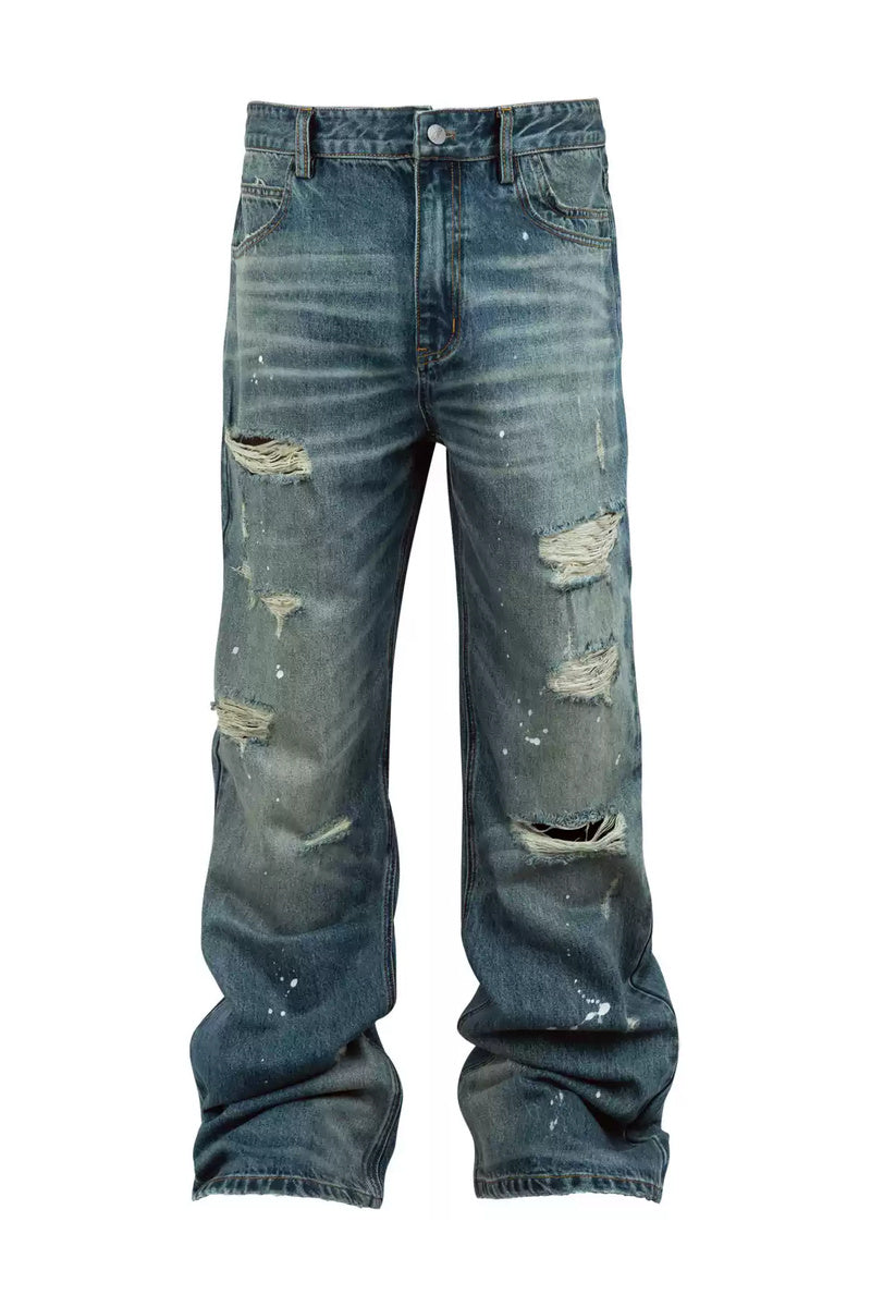 Distressed Embroidered Straight Jeans — Washed Blue, front view on white background