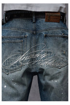 Distressed Embroidered Straight Jeans — Washed Blue, model and product detail view