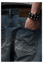 Distressed Embroidered Straight Jeans — Washed Blue, model and product detail view