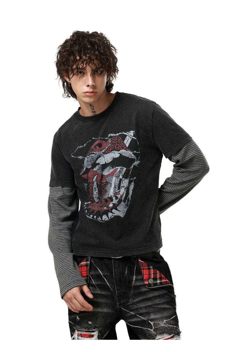 Distressed Rock Graphic Longsleeve — Washed Black, model and product detail view