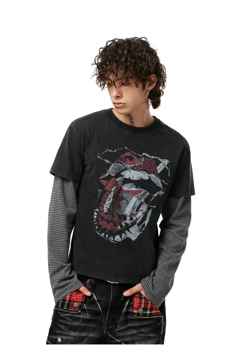 Distressed Rock Graphic Longsleeve — Washed Black, model and product detail view