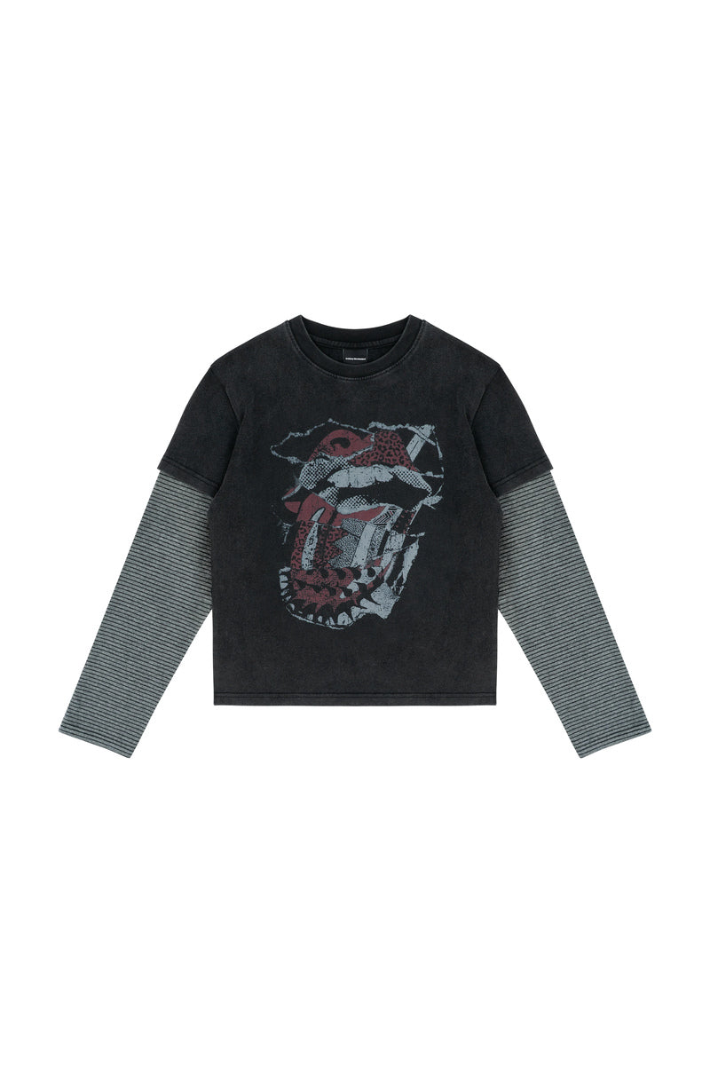 Distressed Rock Graphic Longsleeve — Washed Black, product view on white background