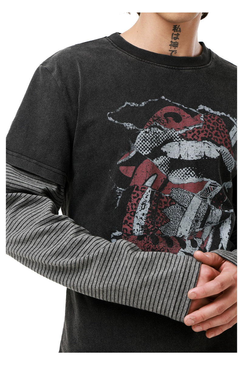 Distressed Rock Graphic Longsleeve — Washed Black, model and product detail view