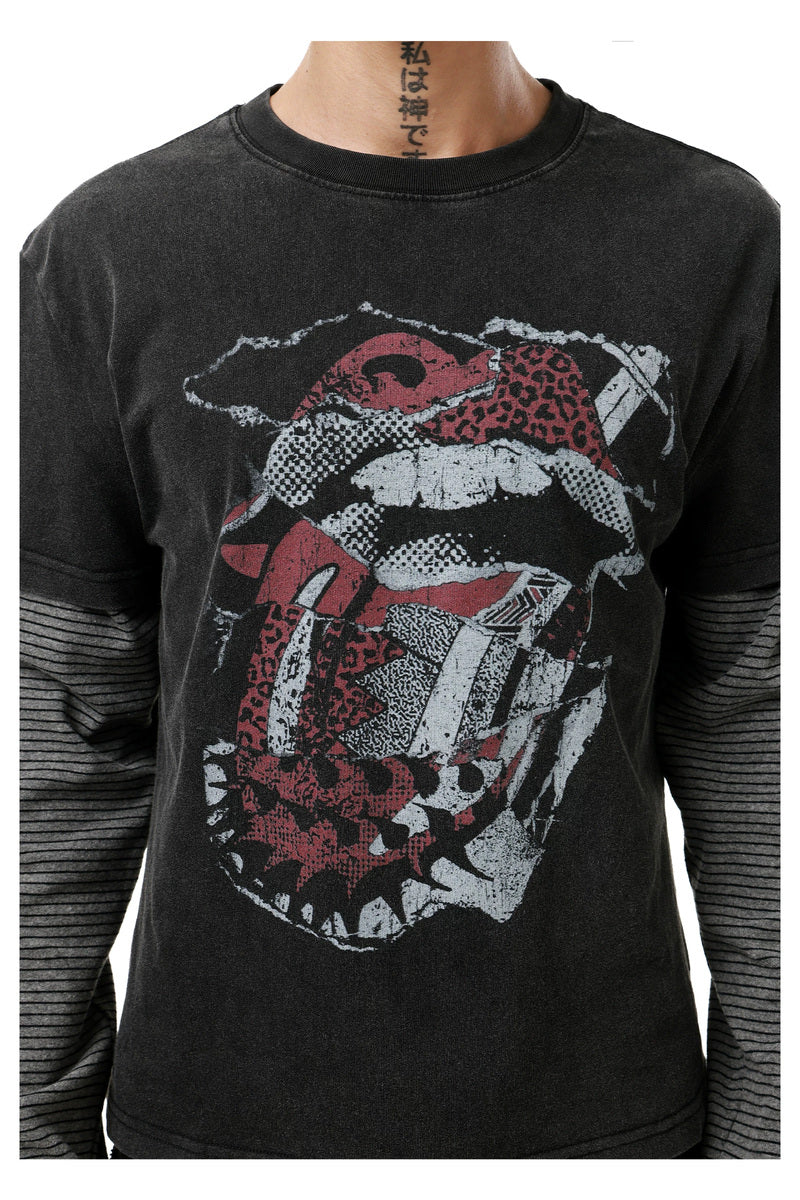 Distressed Rock Graphic Longsleeve — Washed Black, model and product detail view