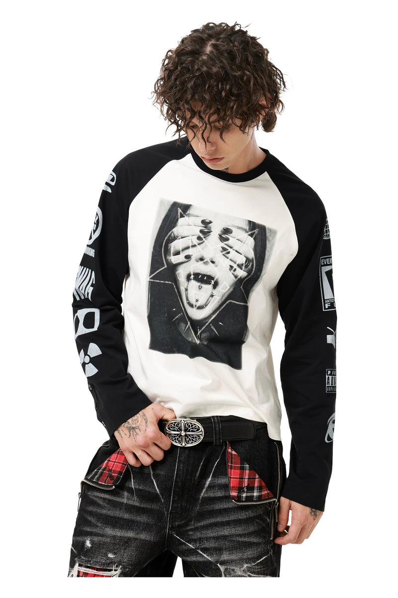 Portrait Graphic Raglan Longsleeve — Black and White, model and product detail view