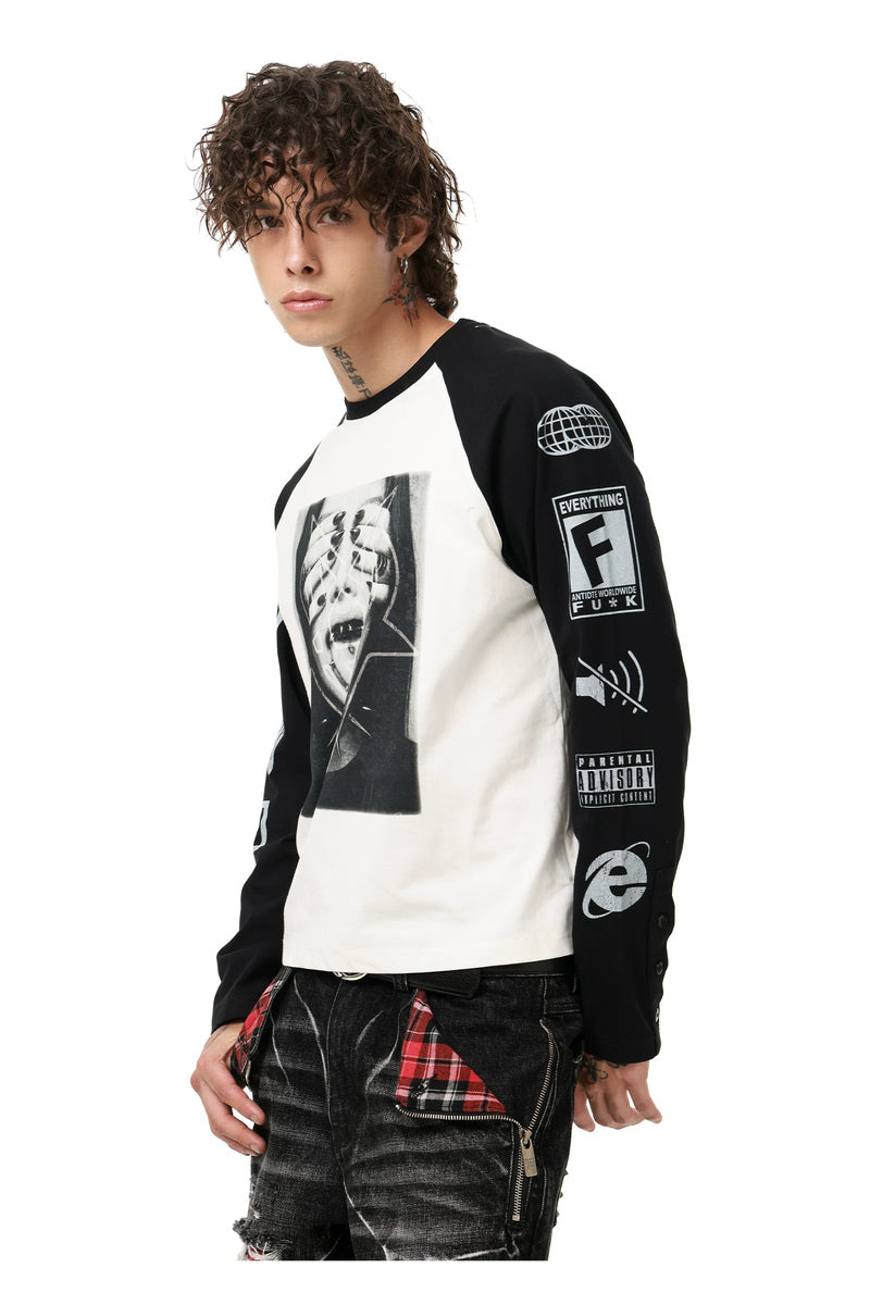 Portrait Graphic Raglan Longsleeve — Black and White, model and product detail view