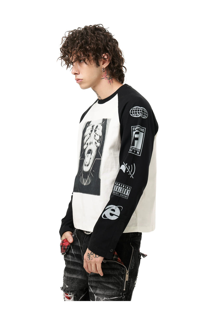 Portrait Graphic Raglan Longsleeve — Black and White, model and product detail view