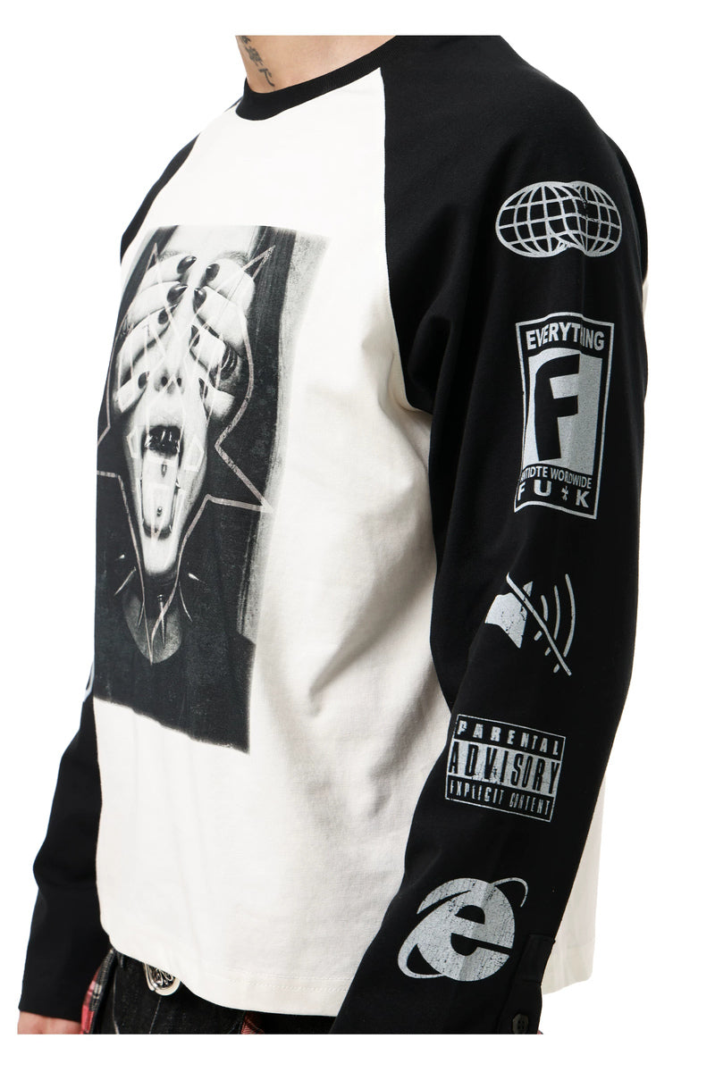 Portrait Graphic Raglan Longsleeve — Black and White, model and product detail view
