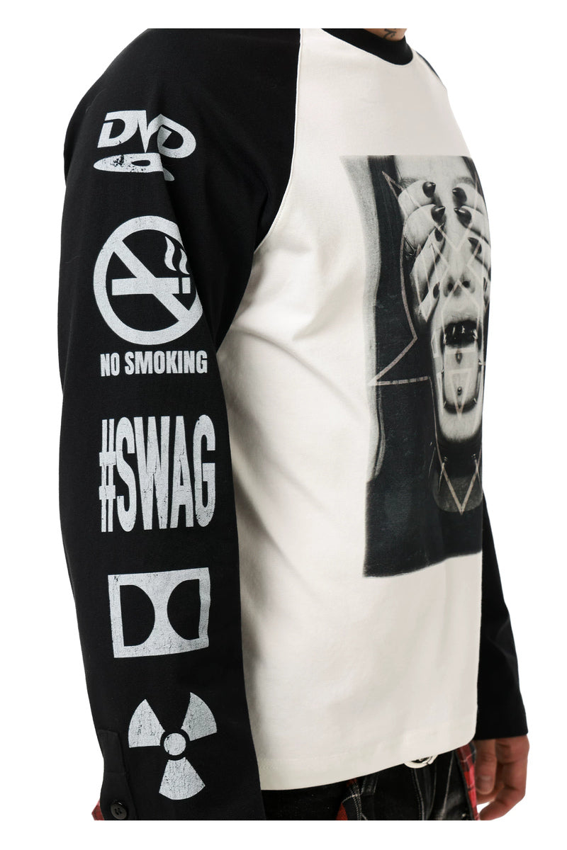 Portrait Graphic Raglan Longsleeve — Black and White, model and product detail view