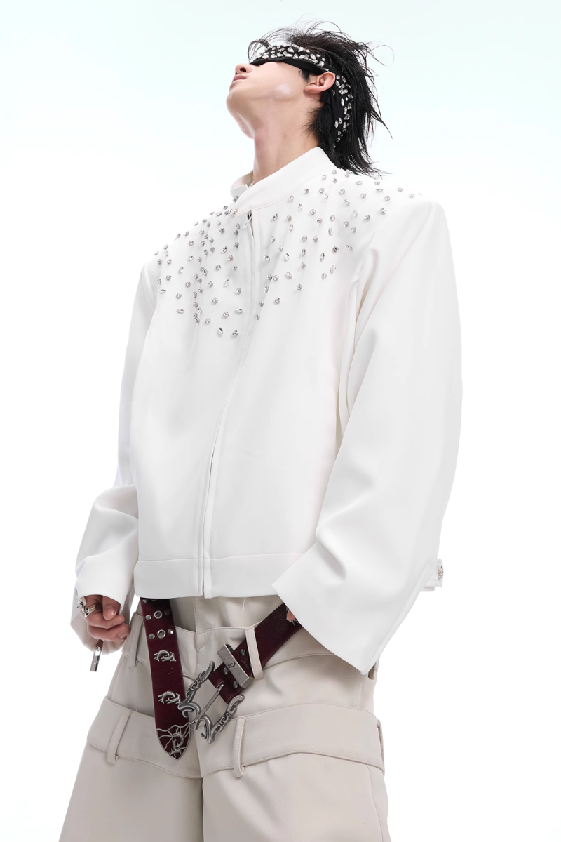 Hand-Embellished Rhinestone Harrington Jacket