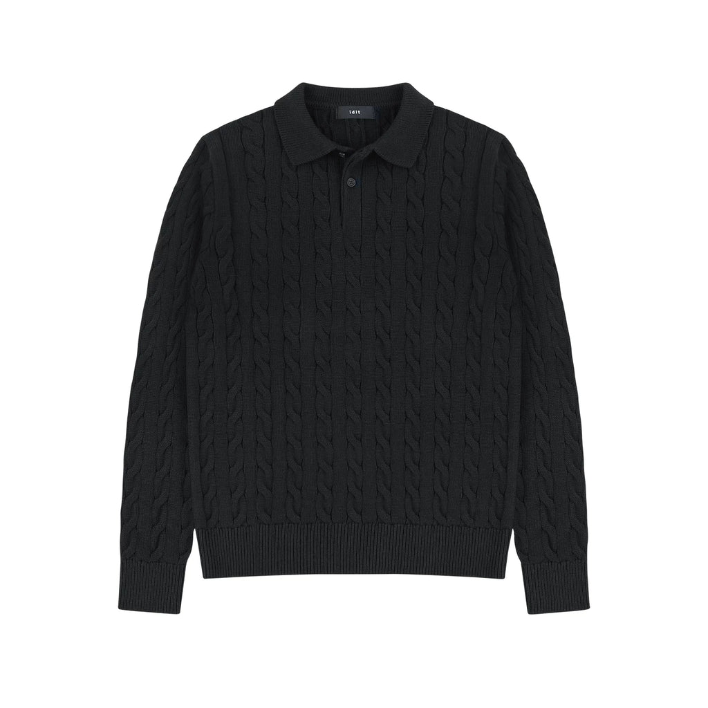 Cotton Cable Knit Polo in Black, front view