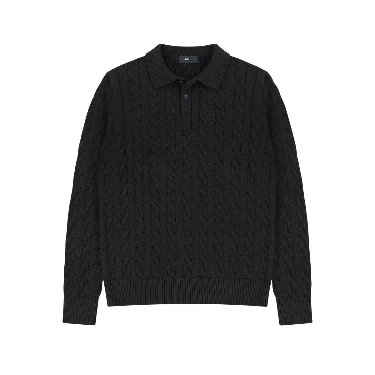 Cotton Cable Knit Polo in Black, front view