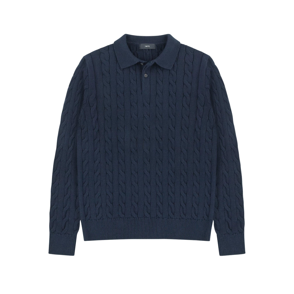Cotton Cable Knit Polo in Navy, front view