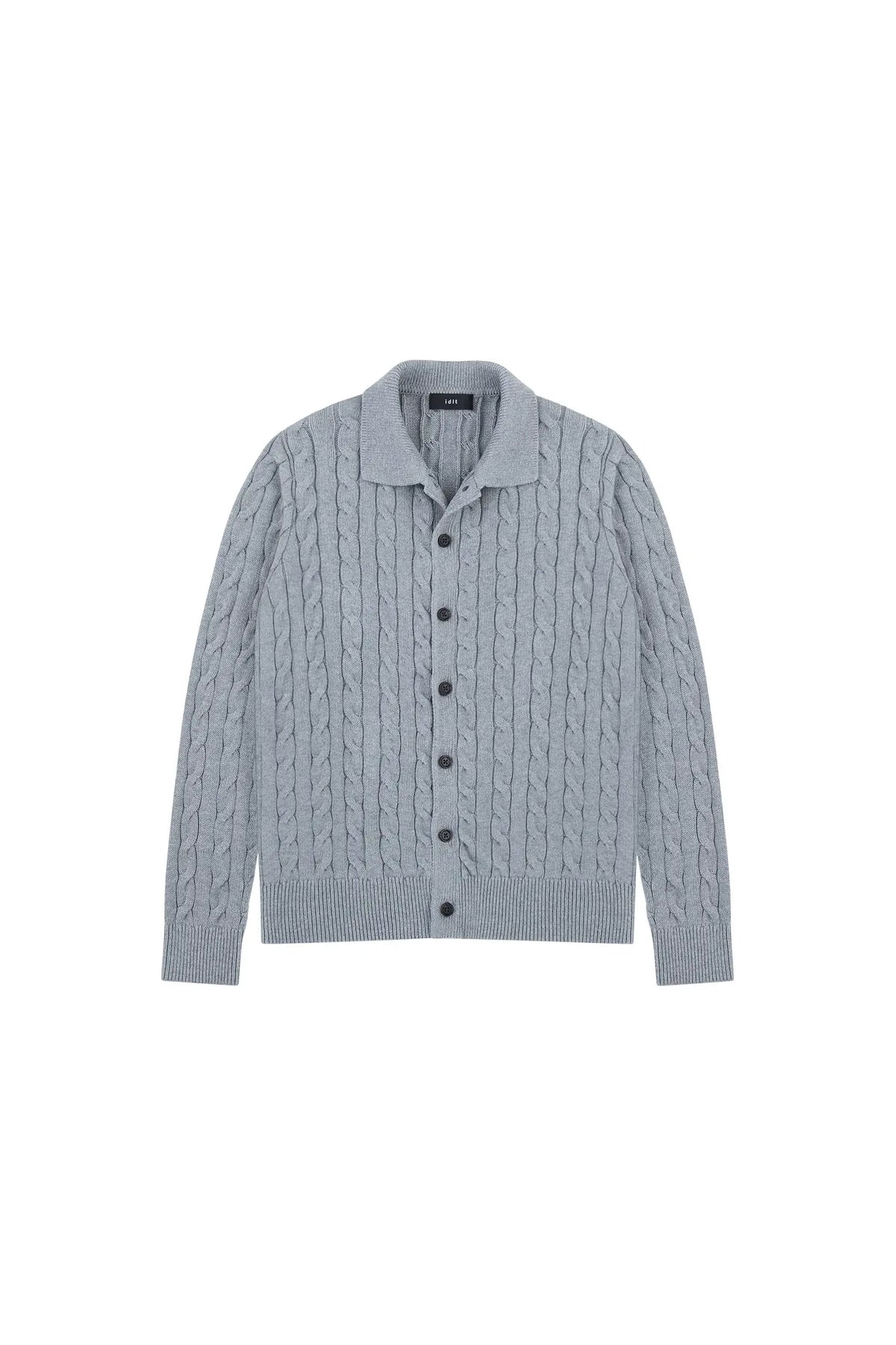 Collared Cable Knit Cardigan in Heather Grey, front view